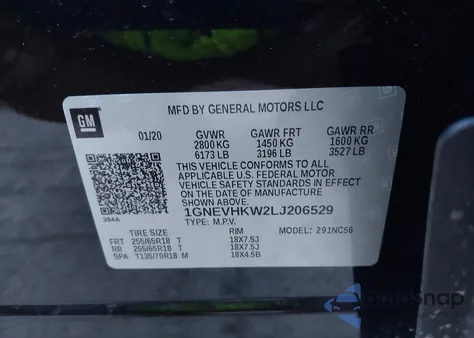 2020 Chevrolet Traverse Awd Lt Leather из США, поврежденный, VIN 1GNEVHKW2LJ206529